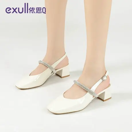 依思q包头一字带凉鞋女2023秋季新款粗跟方头单鞋法式时装高跟鞋商品大图