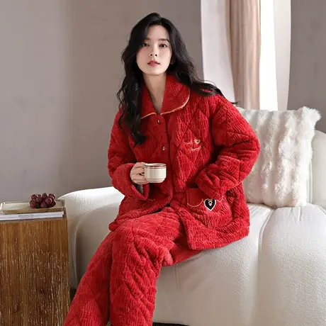 婷美秋冬款睡衣女士珊瑚绒本命年红色三层夹棉袄加绒家居服两件套商品大图