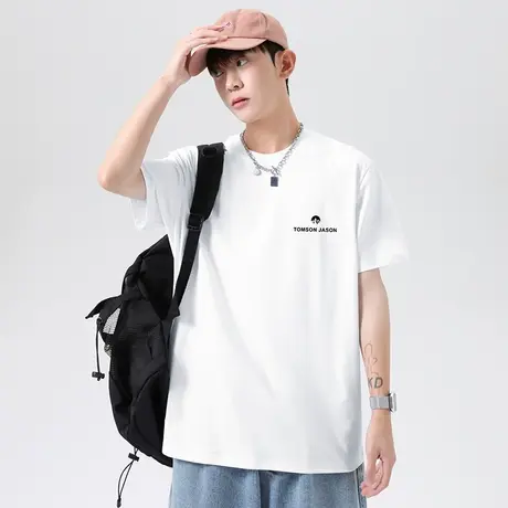 重磅纯棉白色短袖t恤男宽松圆领上衣服夏季美式全棉半袖印花体恤商品大图