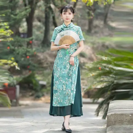 筠雅改良旗袍裙女夏季奥黛连衣裙短袖小个子复古时尚中国风裙子商品大图