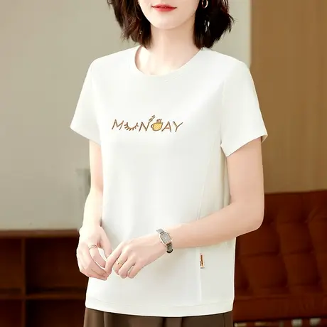 正肩短袖t恤女2023新款夏季女士圆领休闲白色体恤上衣潮流女装潮商品大图