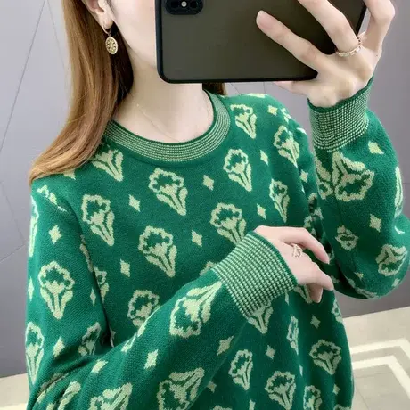 早秋针织衫女士毛衣韩版宽松圆领套头打底衫短款网红拼色秋季上衣商品大图