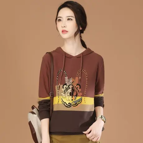 韩潮袭人复古连帽长袖印花针织衫上衣女2023秋新款套头条纹毛衣薄商品大图