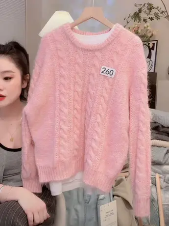 高级感温柔软糯粉色毛衣女秋冬新款韩系小众设计感圆领针织衫上衣商品大图