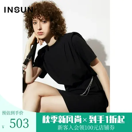 恩裳COVER2023夏季新款时尚摩登宽肩设计金属腰链舒适针织小黑裙图片