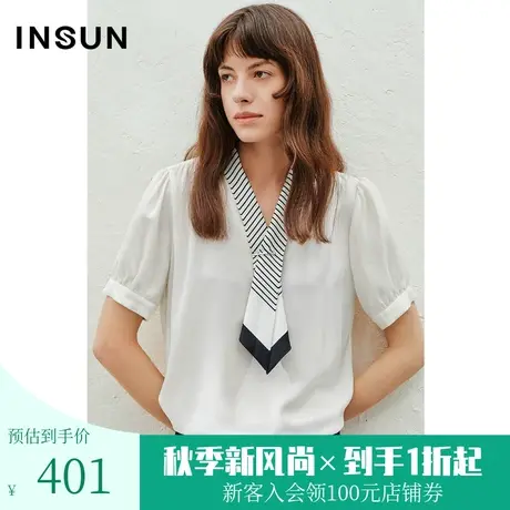 恩裳2023夏季新款简约百搭小衫定位丝巾领复古泡泡袖衬衫图片