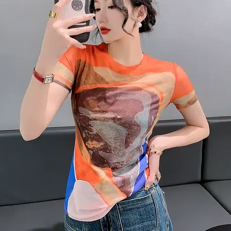 时尚网纱T恤女短袖2023夏季新款漂亮印花小衫气质减龄修身上衣ins商品大图