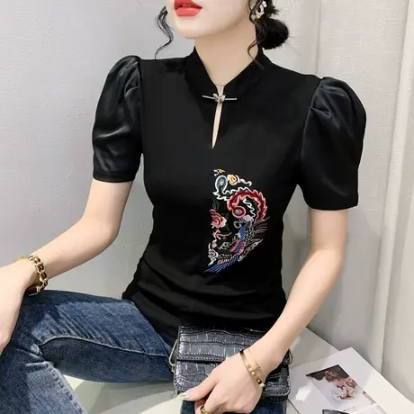 中式复古盘扣T恤女短袖时尚设计感刺绣上衣洋气泡泡袖小衫体恤夏商品大图