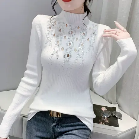欧货半高领针织毛衣女长袖别致烫钻镂空打底衫秋冬内搭紧身上衣潮商品大图