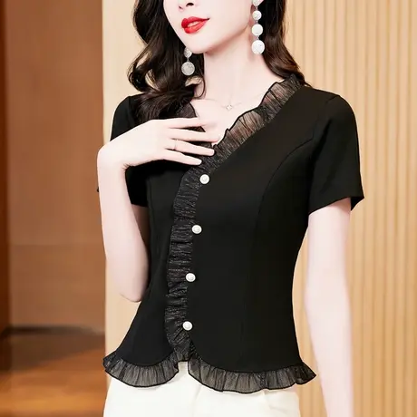 荷叶边短袖t恤女夏季黑色v领小个子显瘦百搭打底小衫薄款体恤上衣商品大图