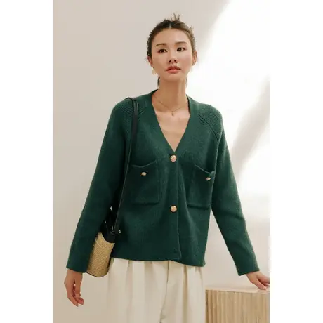 弥古慵懒风复古绿色v领针织衫毛衣外套女开衫春秋高级感法式上衣商品大图