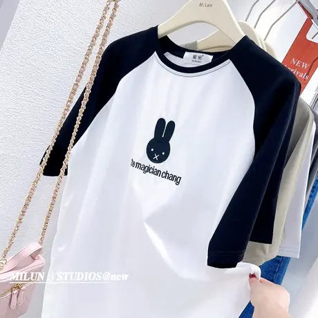 2023夏装新款短袖上衣韩国东大门ins甜美兔子复古插肩袖T恤打底衫商品大图