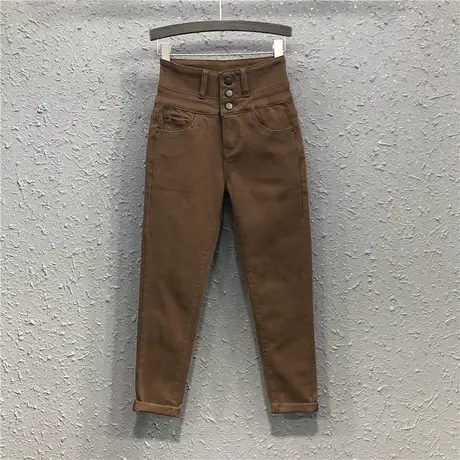 高腰纽扣咖啡色铅笔裤个性小脚裤女秋冬季新款修身韩国加绒牛仔裤图片