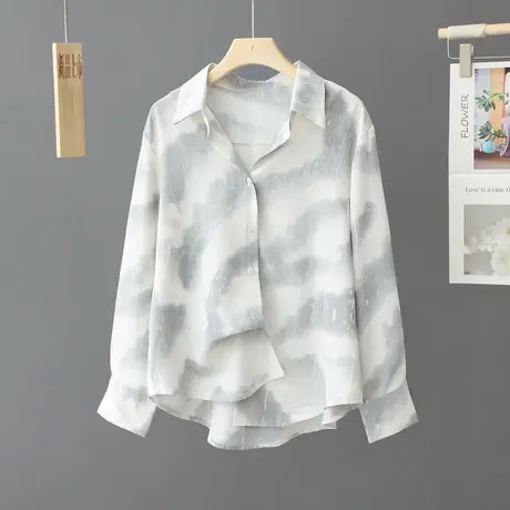 文艺水墨印花衬衫女春装2023年气质翻领通勤百搭衬衣时尚上衣女装商品大图