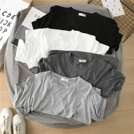 莫代尔圆领短袖t恤女韩版宽松显瘦百搭短款露脐白色夏季打底上衣商品大图