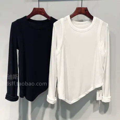 2023秋装 韩国2d新款纯色下摆斜边不对称设计修身长袖T恤上衣女商品大图