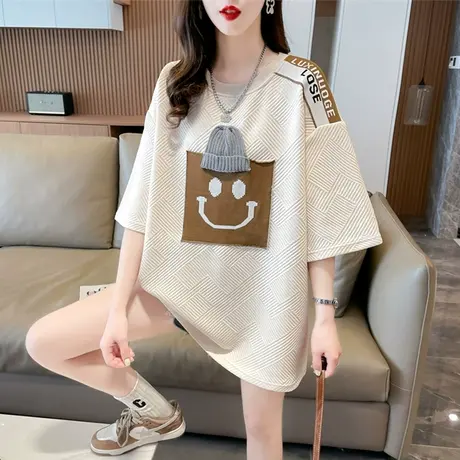 小众设计感短袖t恤女夏季韩版宽松大码女装中长款华夫格半袖上衣商品大图