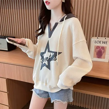 早秋连帽卫衣女春秋韩版宽松大码慵懒风薄款华夫格撞色小个子外套图片