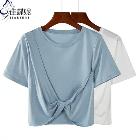 夏季新款韩版圆领宽松纯棉打结短款纯色短袖体恤上衣内搭打底女装图片