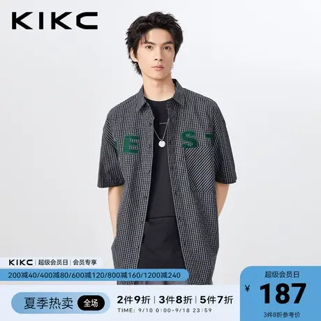 kikc衬衫男2023春夏新款商场同款字母贴布绣日系格子短袖衬衫外套图片