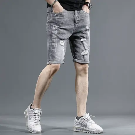 2023新款破洞牛仔裤短男五分裤夏季薄款修身直筒弹力潮流男士中裤商品大图