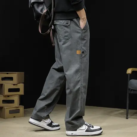 直筒休闲裤男纯棉宽松大码潮牌秋季2023新款长裤阔腿工装裤子男裤商品大图