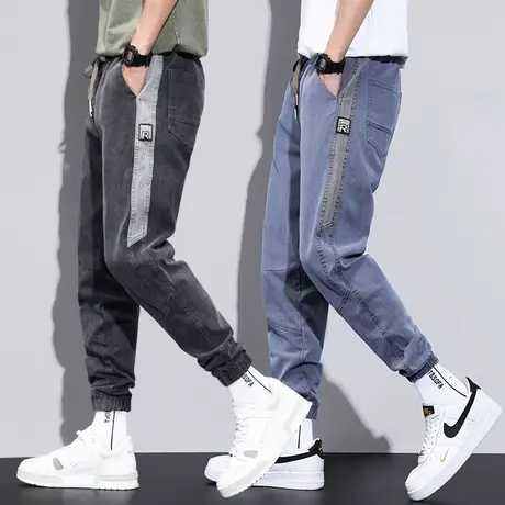 夏季春秋款加肥加大码工装牛仔裤男士束脚宽松紧腰休闲男裤子男装商品大图