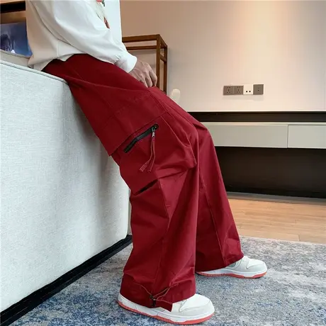 红色工装裤高街男夏季薄款美式潮牌设计感休闲裤宽松直筒拖地长裤图片