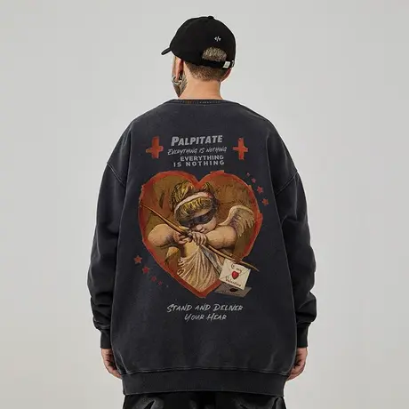 oversize港风圆领情侣卫衣男潮牌重磅大码男装春秋季加绒复古做旧商品大图