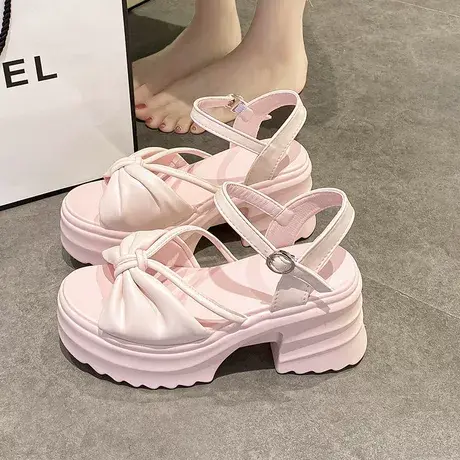 露趾厚底松糕一字带凉鞋女2023年新款夏季超高跟粗跟仙女风罗马鞋图片