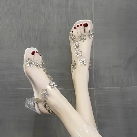 2023年夏季新款百搭时装仙女风配裙高跟淑女一字带中跟粗跟凉鞋女商品大图