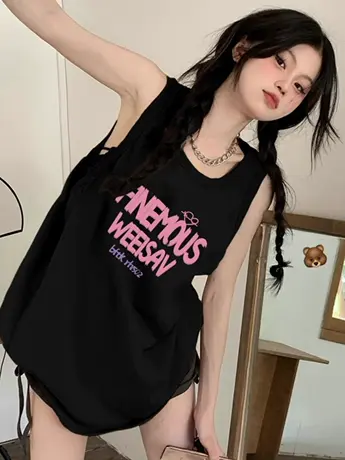 纯棉吊带坎肩运动背心无袖t恤女2024新款夏外穿宽松美式复古上衣图片