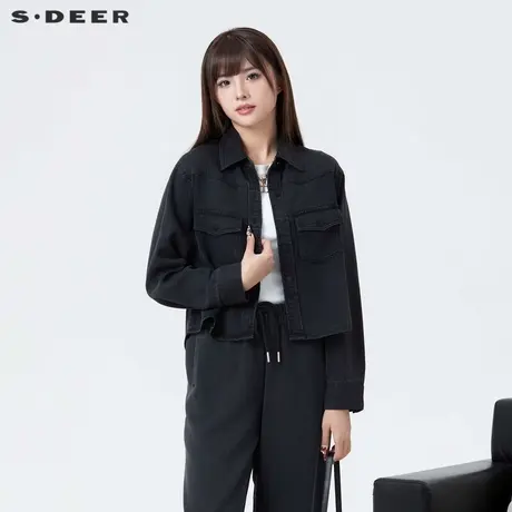 【直播秀】sdeer圣迪奥女装复古套装翻领不规则牛仔衬衫S24180509商品大图