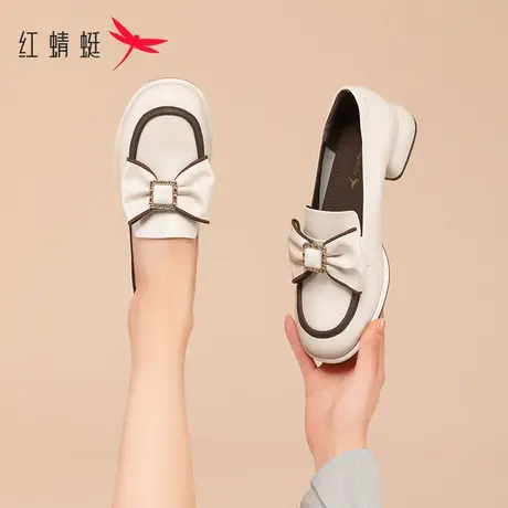 红蜻蜓法式乐福鞋女2023新款粗跟单鞋英伦风小皮鞋一脚蹬真皮女鞋商品大图