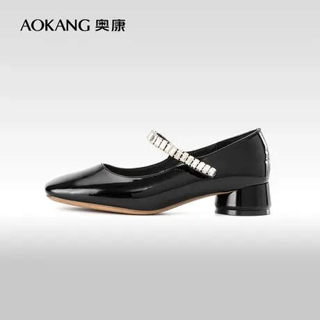 奥康女鞋 春秋季粗跟漆皮时尚单鞋水钻法式复古玛丽珍鞋潮商品大图