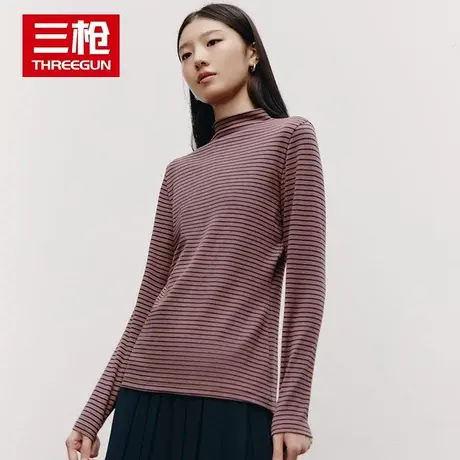 三枪秋衣女密棉高领打底衫2023秋冬新款条纹修身显瘦上衣保暖内衣图片
