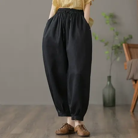 高腰显瘦黑色棉麻阔腿裤女士夏季新款休闲九分裤宽松哈伦亚麻裤子图片