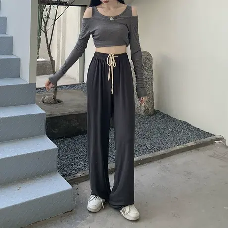 抽绳拖地休闲裤女春装2023年新款高腰显瘦直筒宽松阔腿运动裤子夏图片
