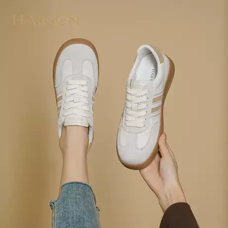 哈森真皮板鞋平底2025春季新款女鞋德训鞋休闲运动鞋HGCS250121商品大图
