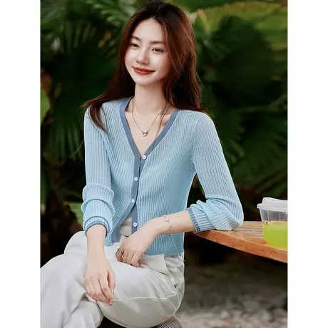 时尚气质休闲蓝色薄款针织衫女士2025年简约百搭上衣衫图片