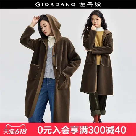 佐丹奴皮毛一体外套女保暖复古美拉德风拼接连帽长款大衣18374215商品大图