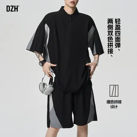 男士拼接运动套装男夏季薄款冰丝速干短袖休闲潮牌短裤两件套男装图片