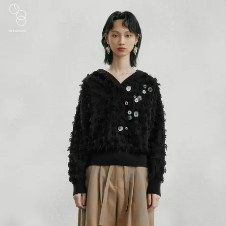 子苞米冬季新款羊毛混纺设计感连帽女式毛针织衫商品大图