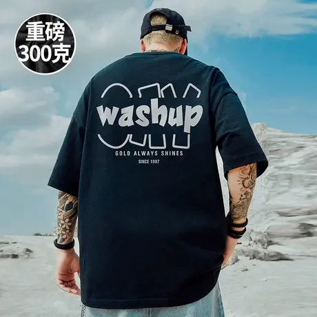 300g美式重磅嘻哈宽松胖子T恤短袖五分袖纯棉加肥加大码男装夏季商品大图