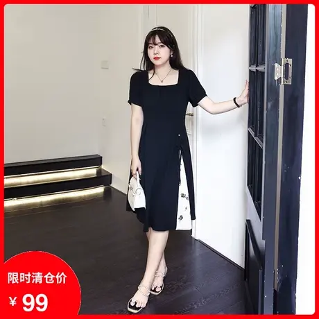 2023年夏季新款方领显瘦法式碎花蝴蝶结大码胖MM中长款连衣裙黑色商品大图