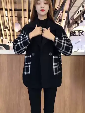 2023秋冬新款格子毛呢外套女短款小个子呢子大衣百搭宽松显瘦外套图片