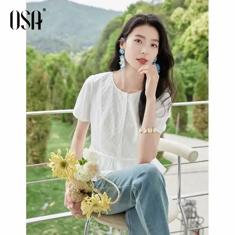 【云朵小衫】OSA欧莎法式镂空拼接短袖衬衫女夏新款减龄别致上衣商品大图