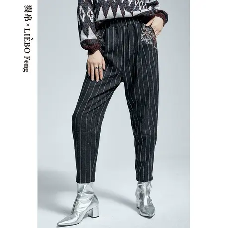 裂帛LIEBOFeng2023年春夏新款竖条纹黑色显瘦长裤百搭刺绣休闲裤图片