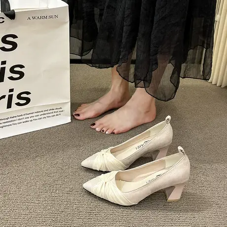 高跟鞋女2023新款春秋季日常配裙子浅口尖头单鞋粗跟法式晚风鞋子商品大图