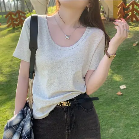 法式复古U领正肩T恤女夏天韩版修身显瘦简约纯色辣妹紧身上衣体恤商品大图